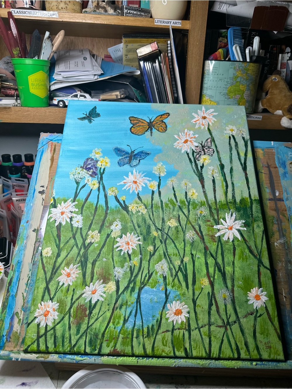 Butterfly Meadow Floral Canvas Painting in Blue and Green